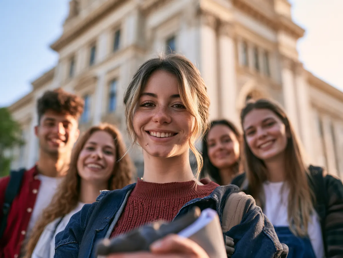 Friends smiling at the camera in front of a university building