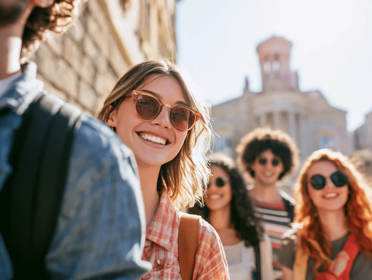 A smiling student in sunglasses exploring a European city with friends