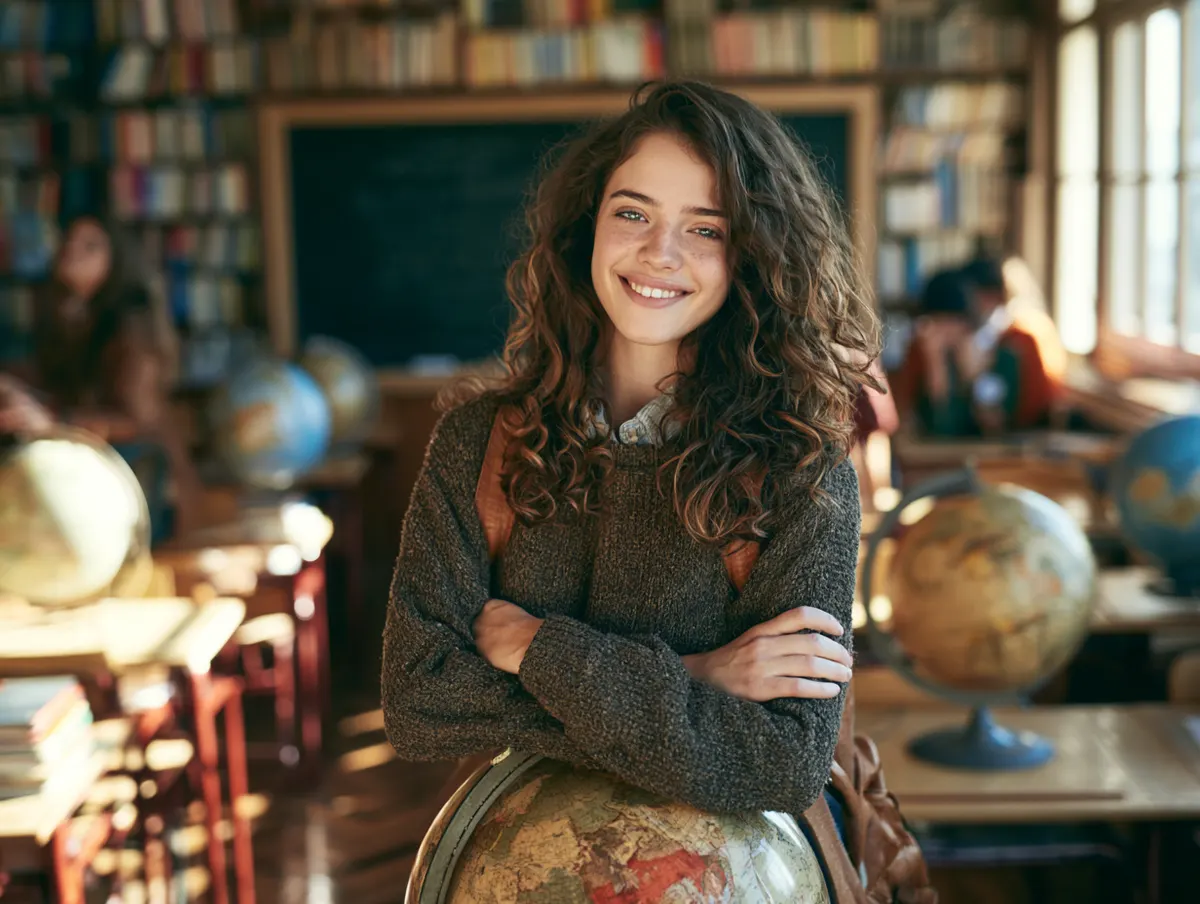 A smiling student standing among globes and books in a classroom